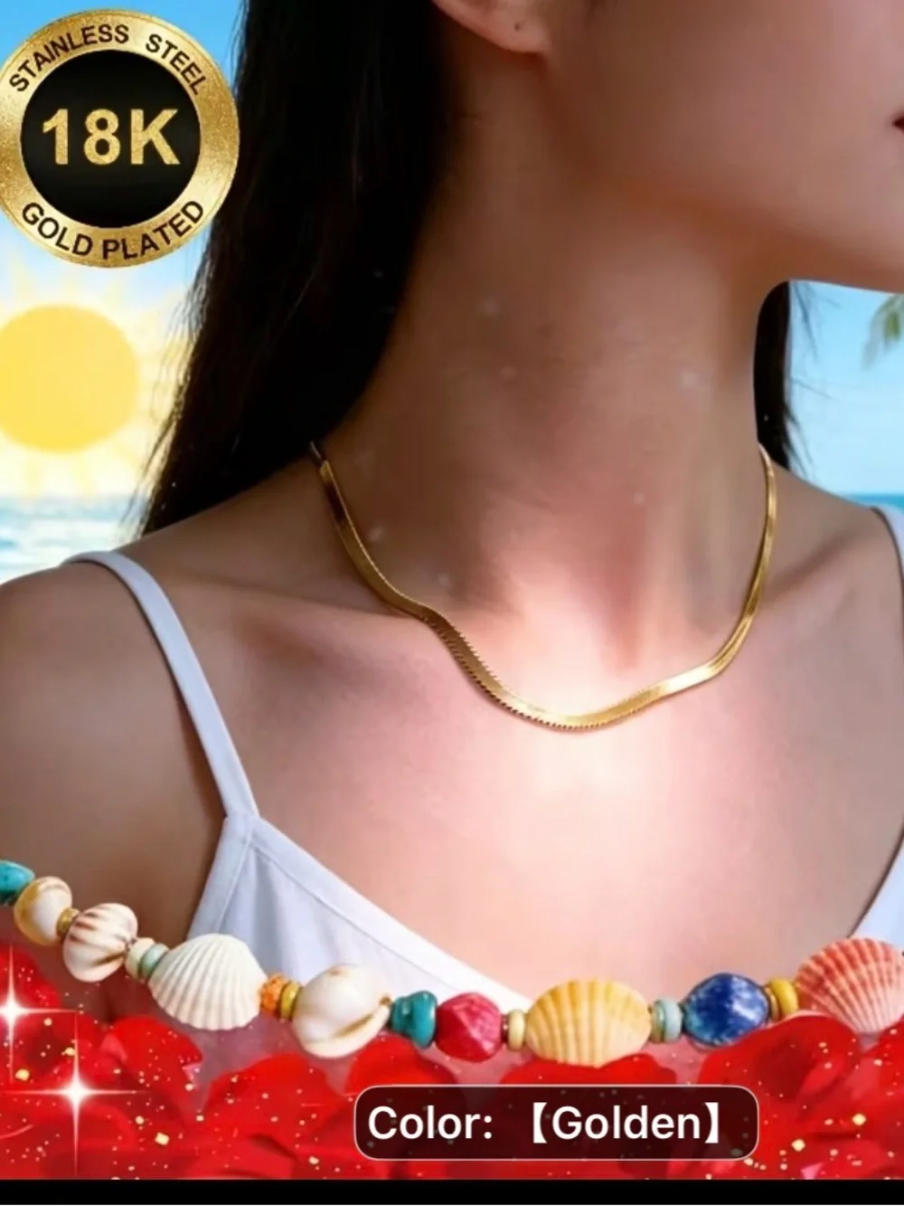 18K Gold-Plated Herringbone Necklace-Durable Hypooallergenic/Unique Beach